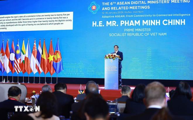 Thủ tướng Phạm Minh Chính phát biểu tại Lễ khai mạc Hội nghị Bộ trưởng Số ASEAN (ADGMIN) lần thứ 6. Ảnh: TTXVN