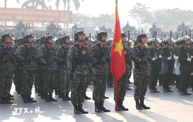 Các lực lượng tham gia Lễ xuất quân, diễn tập phương án bảo đảm an ninh, trật tự Đại hội đại biểu toàn quốc lần thứ XIV của Đảng. (Ảnh: Phương Hoa/TTXVN)