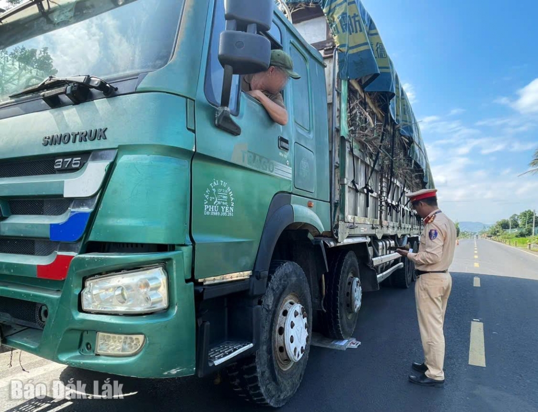 Đội Cảnh sát giao thông đường bộ số 4 kiểm tra, xử lý xe chở hàng quá tải.