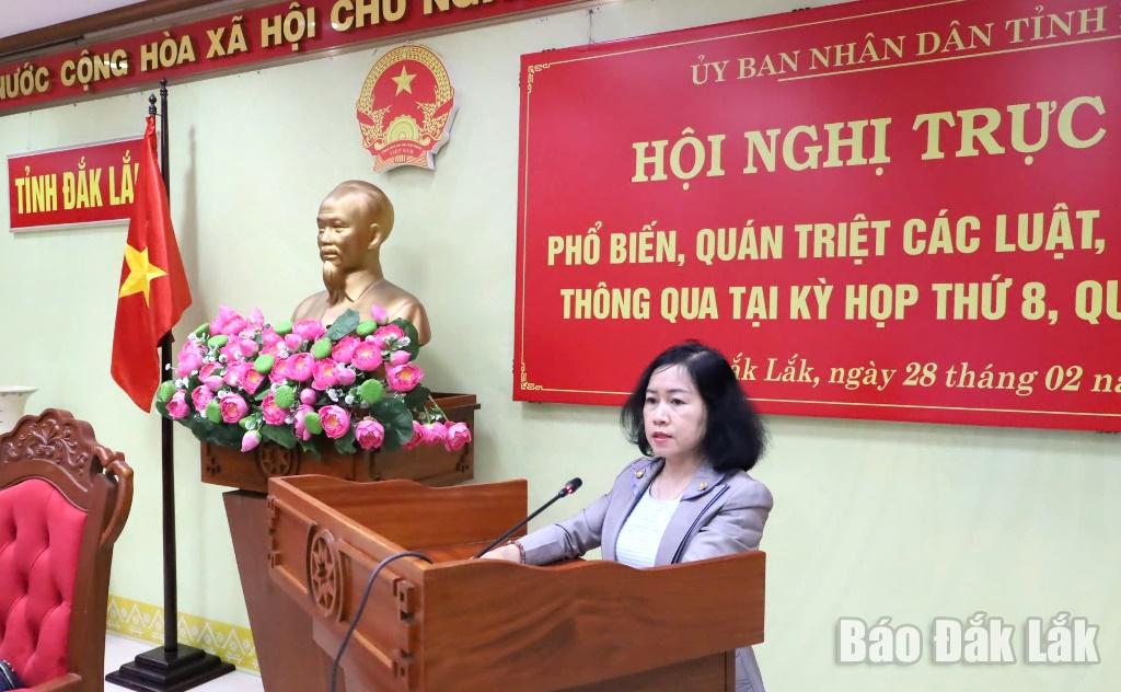 Giám đốc Sở Tư pháp, Phó Chủ tịch Thường trực Hội đồng phối hợp phổ biến, giáo dục pháp luật tỉnh Phan Thị Hồng Thắng phát biểu tại hội nghị.