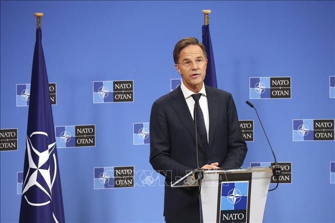 Tổng Thư ký NATO Mark Rutte phát biểu trong cuộc họp báo ở Brussels, Bỉ. Ảnh: Kyodo/TTXVN