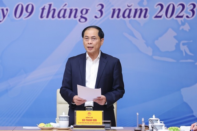 Bộ trưởng Bộ Ngoại giao Bùi Thanh Sơn báo cáo kết quả ngoại giao kinh tế năm 2022. Ảnh: Chinhphu.vn
