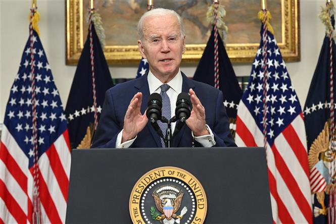 Tổng thống Mỹ Joe Biden phát biểu tại Nhà Trắng ngày 13/3 khẳng định hệ thống ngân hàng nước này vẫn ổn định. Ảnh: AFP/TTXVN