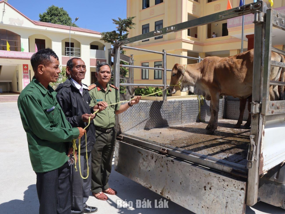 Các đồng chí trong Lực lượng 04 trong buổi trao tặng bò.