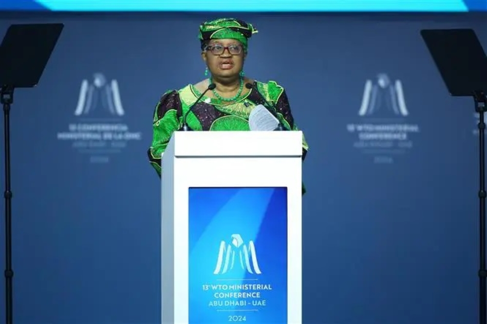 Tổng Giám đốc Tổ chức Thương mại Thế giới Ngozi Okonjo-Iweala phát biểu tại phiên khai mạc Hội nghị Bộ trưởng WTO lần thứ 13 ở Abu Dhabi, UAE ngày 26/2/2024. Ảnh: THX/TTXVN