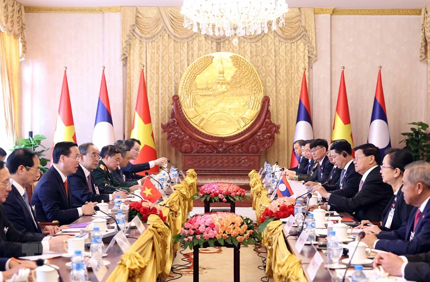 Chủ tịch nước Võ Văn Thưởng hội đàm với Tổng Bí thư, Chủ tịch nước Lào Thongloun Sisoulith. Ảnh: Thống Nhất/TTXVN