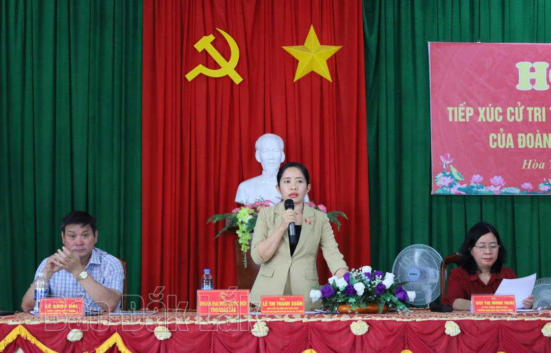 Bà Lê Thị Thanh Xuân, Phó Trưởng đoàn chuyên trách Đoàn ĐBQHQ tỉnh phát biểu tại hội nghị.