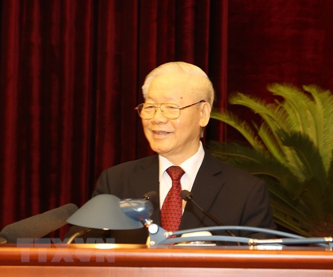 Tổng Bí thư Nguyễn Phú Trọng phát biểu bế mạc Hội nghị. Ảnh: TTXVN