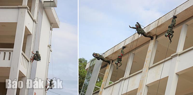 Bộ đội đặc công luyện tập kỹ thuật tụt leo nhà cao tầng, tụt dây chiến thuật.