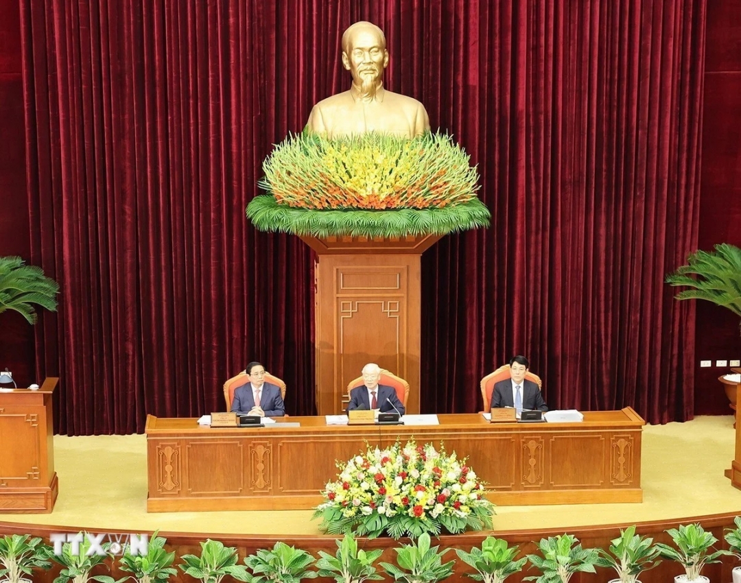 Tổng Bí thư Nguyễn Phú Trọng chủ trì và phát biểu khai mạc Hội nghị Trung ương lần thứ chín, khóa XIII. (Ảnh: Trí Dũng/ TTXVN