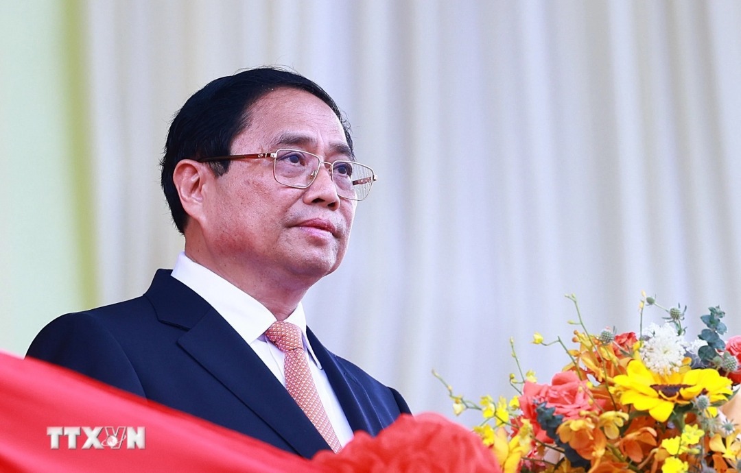 Thủ tướng Chính phủ Phạm Minh Chính đọc Diễn văn kỷ niệm 70 năm Chiến thắng Điện Biên Phủ. (Ảnh: Lâm Khánh/TTXVN