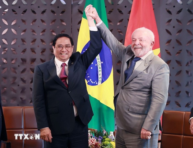 Thủ tướng Phạm Minh Chính hội kiến Tổng thống Brazil Luiz Inácio Lula da Silva, ngày 21/5/2023. (Ảnh: Dương Giang/TTXVN) 
