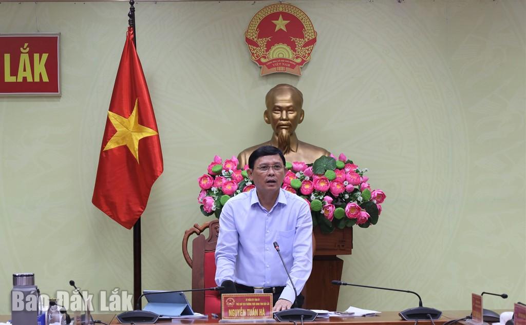 Ủy viên Ban Thường vụ Tỉnh ủy, Phó Chủ tịch Thường trực UBND tỉnh Đắk Lắk Nguyễn Tuấn Hà phát biểu tại hội nghị.