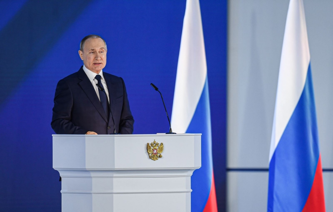 Tổng thống Nga Vladimir Putin phát biểu trước Quốc hội liên bang ở Moskva. Ảnh: THX/TTXVN