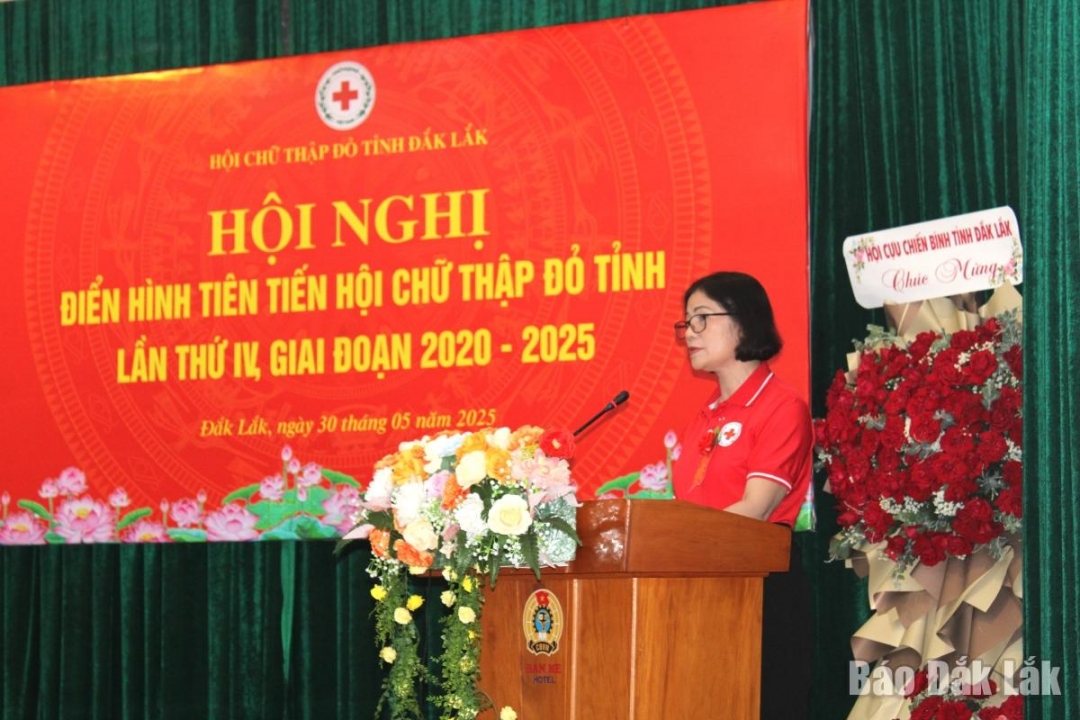 Chủ tịch Hội Chữ thập đỏ tỉnh Đặng Thị Hương phát biểu tại hội nghị.
