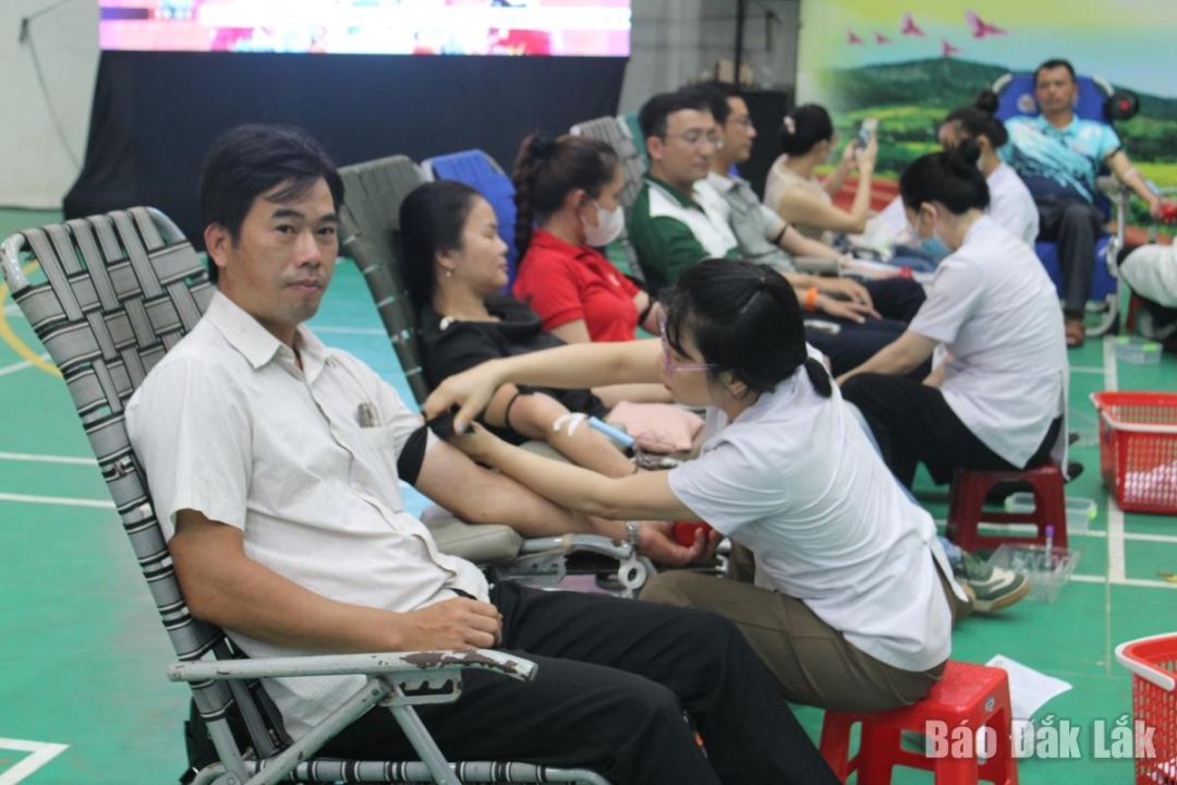 Tình nguyện viên tham gia hiến máu tại ngày hội.