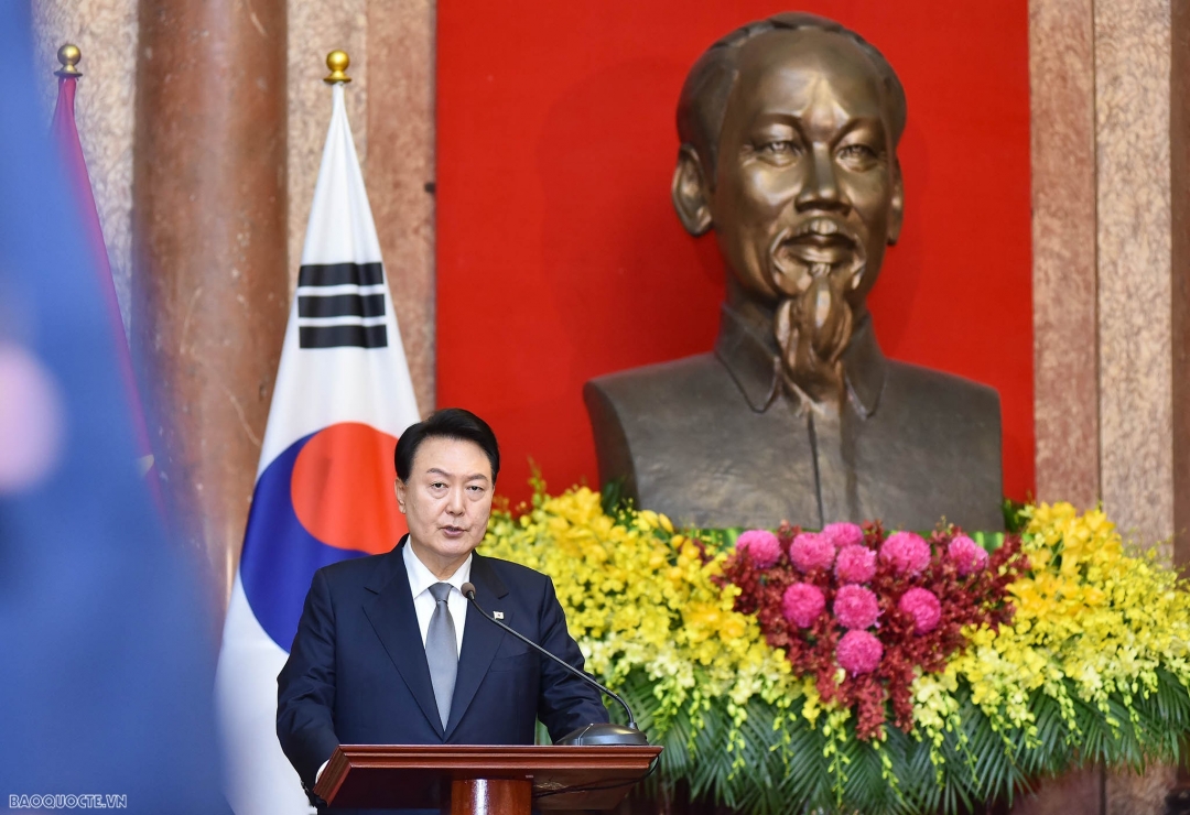 Tổng thống Yoon Suk Yeol cho biết, Hàn Quốc sẽ hợp tác và trao đổi chặt chẽ hơn với với Việt Nam, là đối tác trọng tâm trong việc phát triển mối quan hệ ASEAN - Hàn Quốc và hợp tác Mekong - Hàn Quốc. Ảnh: Baoquocte.vn