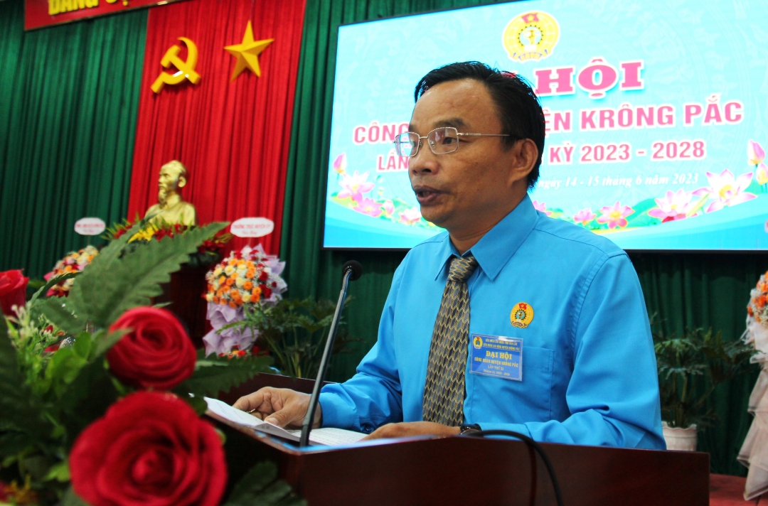 Phó Chủ tịch Liên đoàn Lao động tỉnh Nguyễn Phú Lập phát biểu chỉ đạo đại hội.