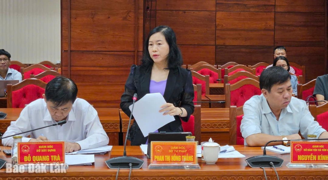 Giám đốc Sở Tư pháp Phạm Thị Hồng Thắng đóng góp ý kiến tại phiên họp.
