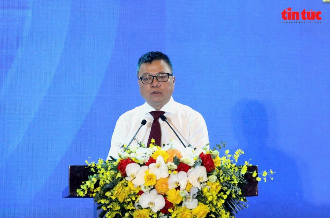 Chủ tịch Hội Nhà báo Việt Nam, Tổng biên tập báo Nhân dân Lê Quốc Minh, phát biểu. 