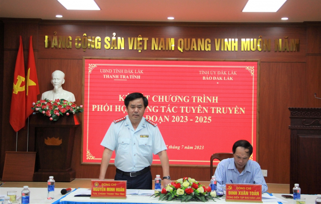 Chánh thanh tra tỉnh Nguyễn Minh Huấn phát biểu tại Lễ ký kết chương trình phối hợp.