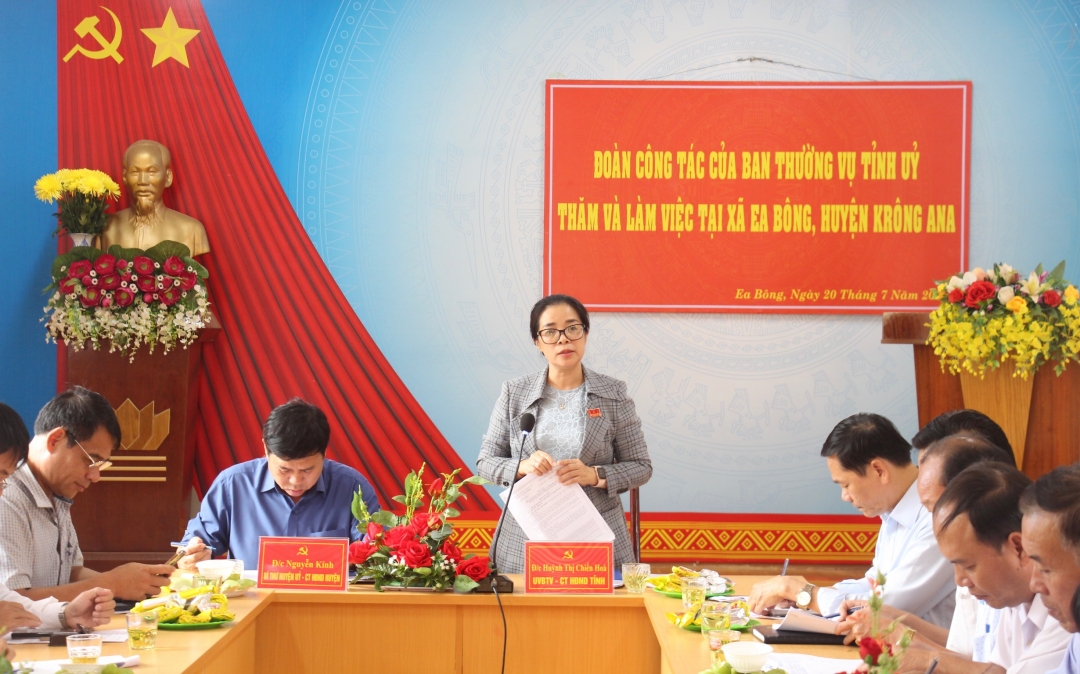 Chủ tịch HĐND tỉnh Huỳnh Thị Chiến Hoà phát biểu tại buổi làm việc.