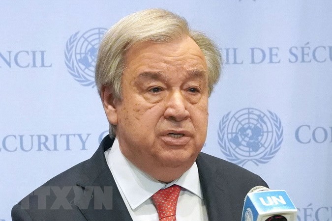 Tổng Thư ký LHQ Antonio Guterres trong cuộc họp báo tại New York, Mỹ ngày 17/7. Ảnh: Kyodo/TTXVN