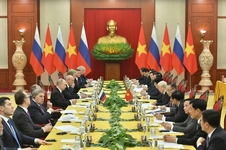 Tổng Bí thư Nguyễn Phú Trọng hội đàm với Tổng thống Vladimir Putin tại Trụ sở Trung ương Đảng. Ảnh: VGP