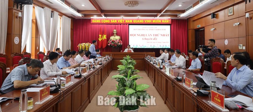 Đại biểu tham dự hội nghị Ban Thường vụ Tỉnh ủy cho ý kiến các nội dung.
