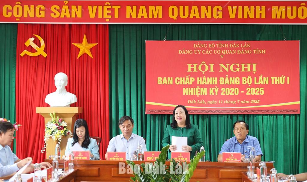 Phó Bí thư Thường trực Tỉnh ủy, Chủ tịch HĐND tỉnh, Bí thư Đảng ủy các cơ quan Đảng tỉnh Cao Thị Hòa An phát biểu tại hội nghị.