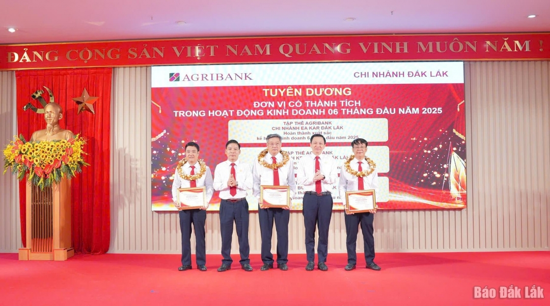 Đại diện các đơn vị hoàn thành xuất sắc nhiệm vụ 6 tháng đầu năm nhận khen thưởng.