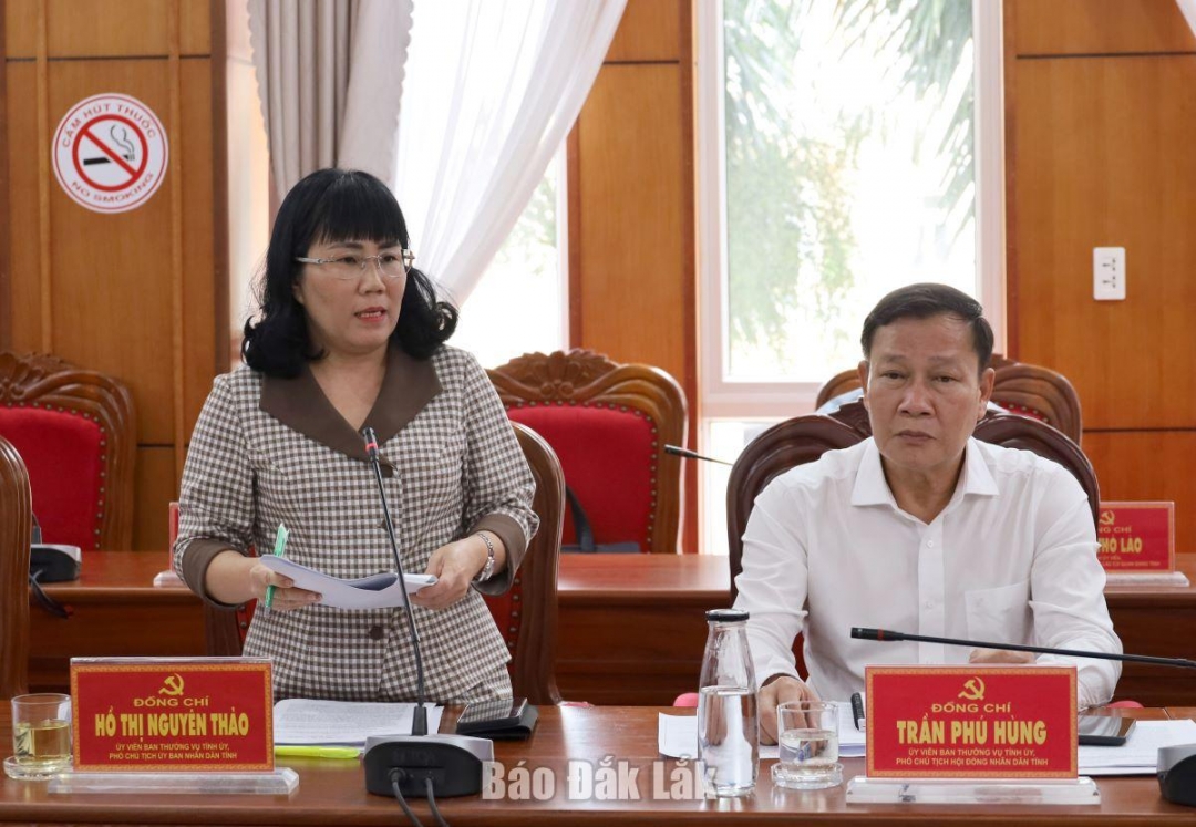 Ủy viên Ban Thường vụ Tỉnh ủy, Phó Chủ tịch Thường trực UBND tỉnh Hồ Thị Nguyên Thảo phát biểu ý kiến tại hội nghị.