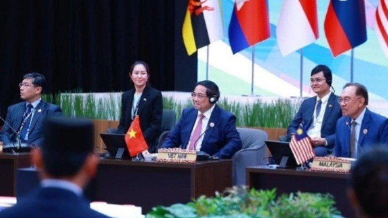 Thủ tướng Phạm Minh Chính dự và phát biểu tại phiên Đối thoại của lãnh đạo ASEAN với thanh niên ASEAN. Ảnh: Dương Giang/TTXVN.