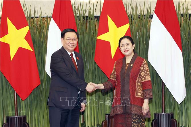 Chủ tịch Quốc hội Vương Đình Huệ và Chủ tịch Hạ viện Indonesia Puan Maharani chụp ảnh chung. Ảnh: TTXVN