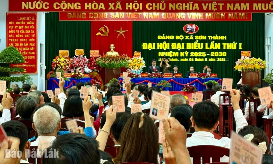 Các đại biểu dự đại hội biểu quyết thông qua nghị quyết.