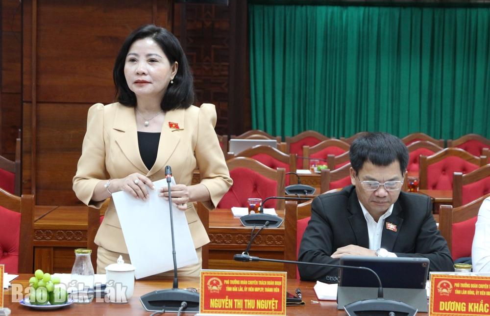 Phó Trưởng đoàn chuyên trách Đoàn ĐBQH tỉnh Nguyễn Thị Thu Nguyệt đóng góp ý kiến tại buổi làm việc.