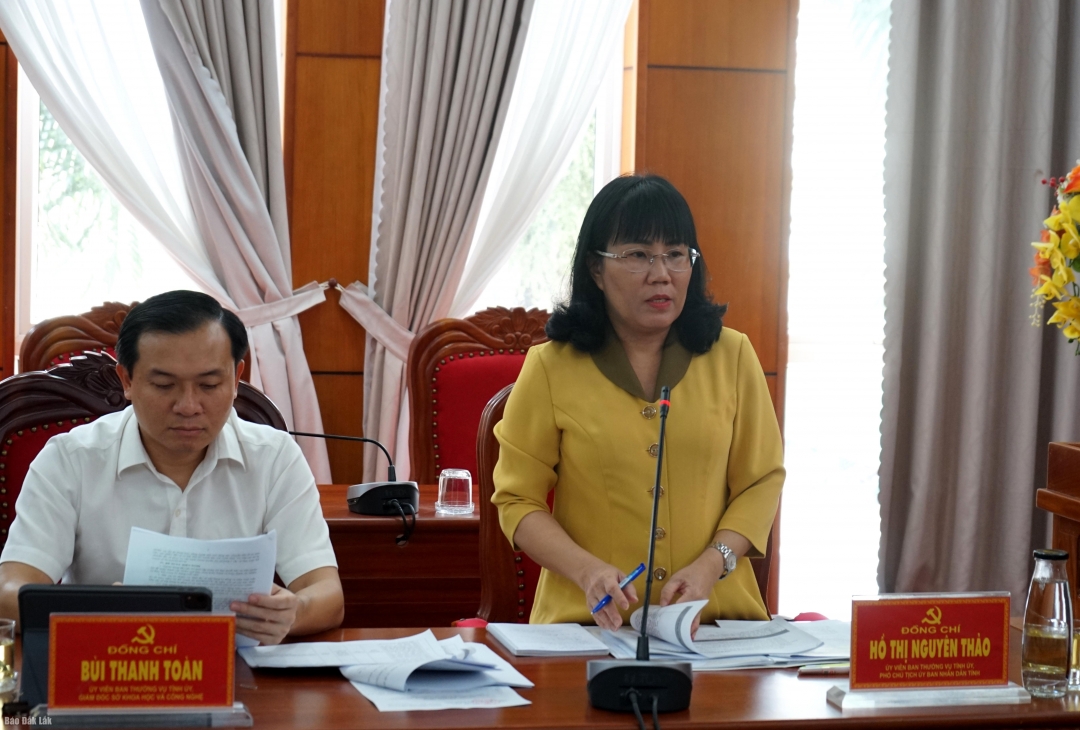 Ủy viên Ban Thường vụ Tỉnh ủy, Phó Chủ tịch Thường trực UBND tỉnh Hồ Thị Nguyên Thảo thảo luận tại buổi làm việc