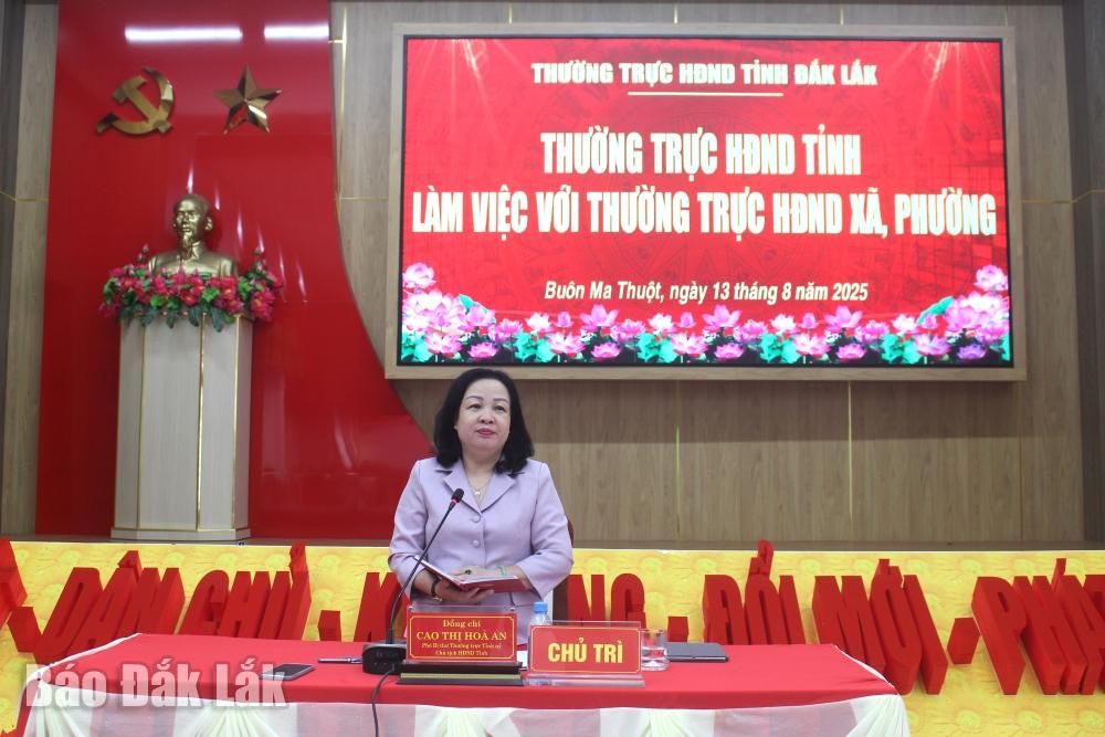 Phó Bí thư Thường trực Tỉnh ủy, Chủ tịch HĐND tỉnh Cao Thị Hòa An phát biểu kết luận buổi làm việc.