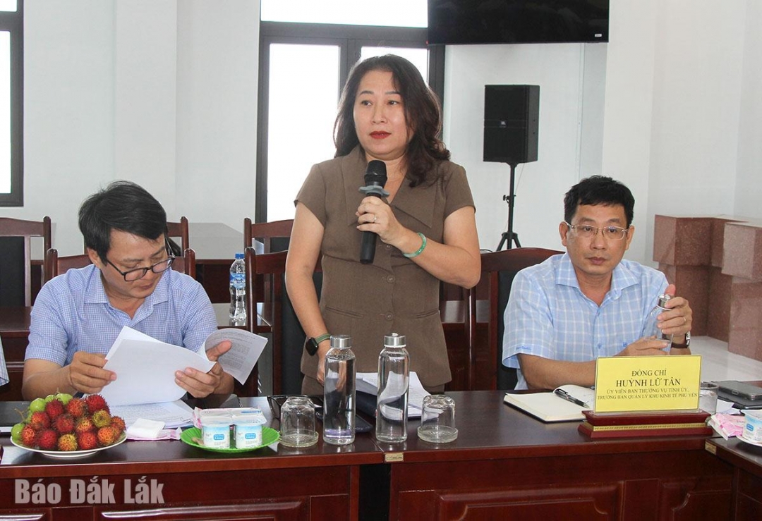  Phó Trưởng Ban Quản lý Khu kinh tế Phú Yên Nguyễn Vũ Tố Quyên báo cáo về tình hình hoạt động của đơn vị.