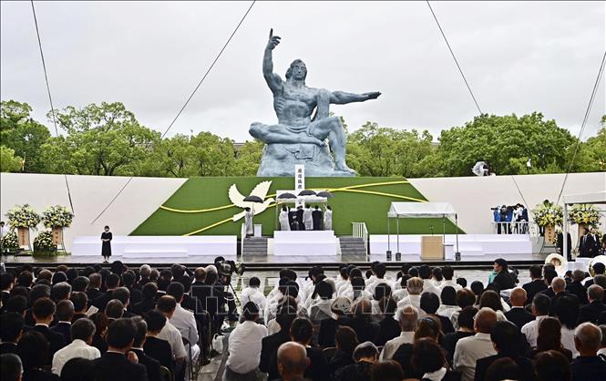 Quang cảnh lễ tưởng niệm 80 năm ngày Mỹ ném bom nguyên tử xuống thành phố Nagasaki, Nhật Bản, ngày 9/8/2024. Ảnh: Kyodo/TTXVN
