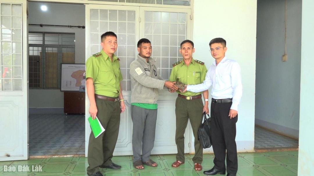Người dân bàn giao rùa vàng cho lãnh đạo xã Pơng Drang và 