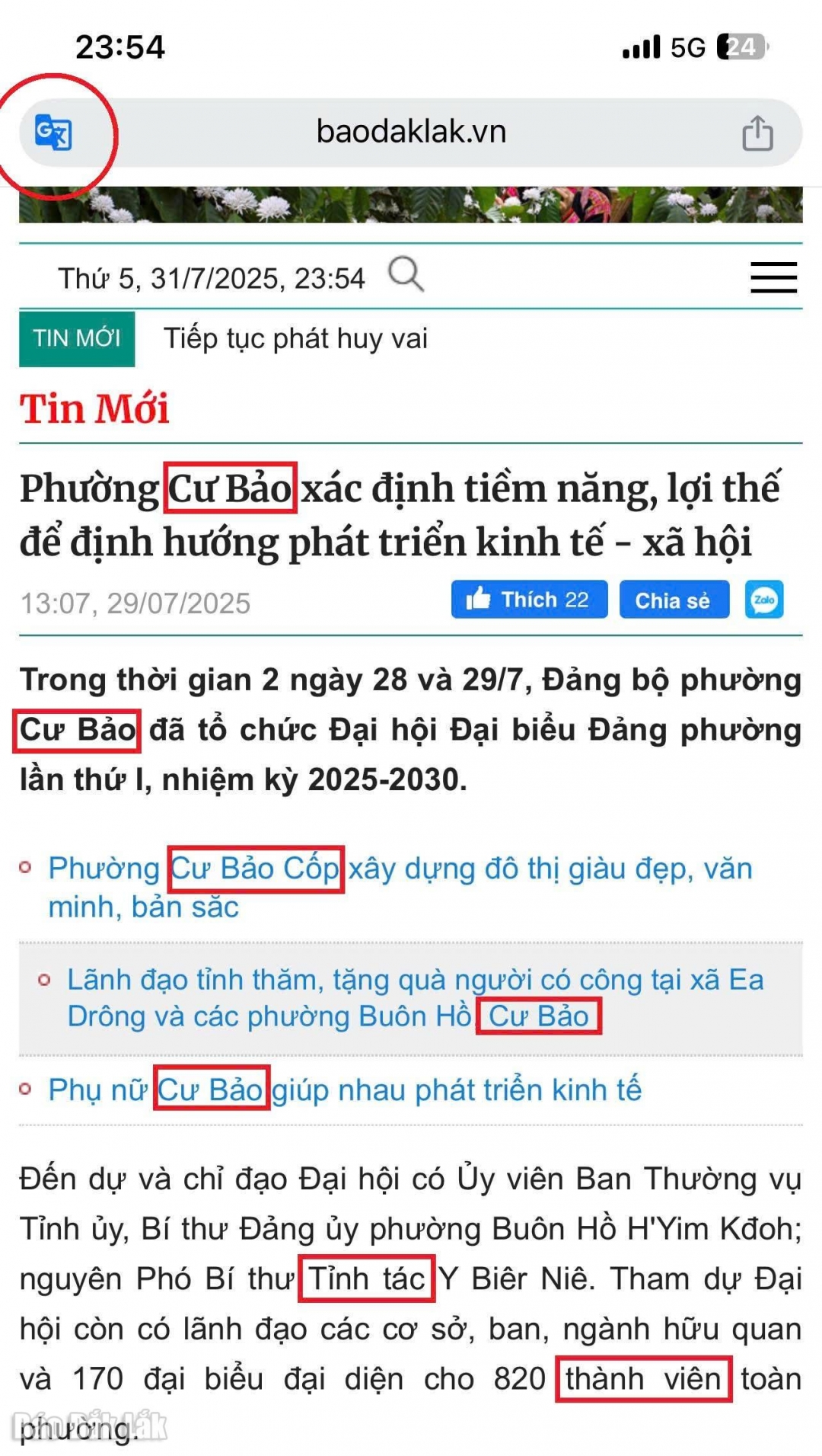 Hình ảnh sai sót (phần đóng khung) do sử dụng Google Dịch tự động khi truy cập Báo Đắk Lắk Điện tử.