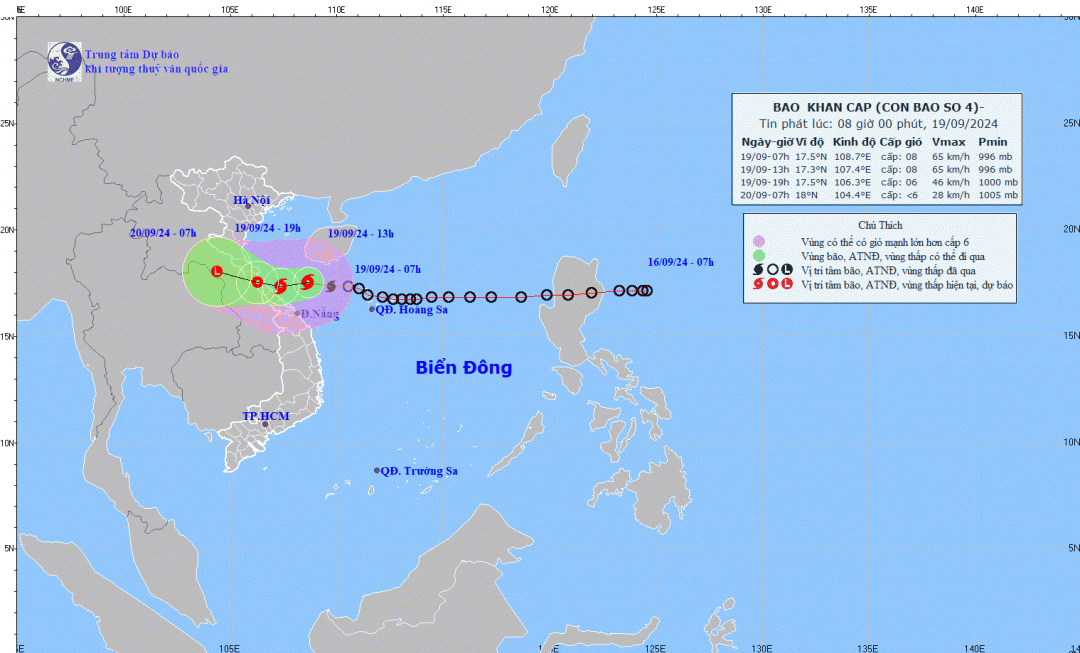 Dự báo vị trí và đường đi của cơn bão số 4.