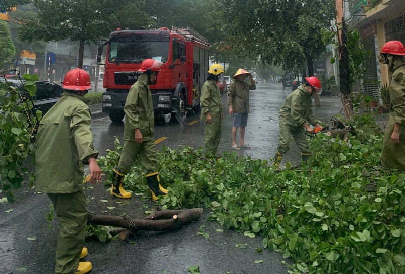 Cán bộ chiến sĩ Công an tỉnh Quảng Ninh đang thu dọn cây gãy đổ ra đường. (Nguồn: chinhphu.vn)