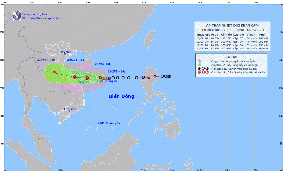 Dự báo vị trí và đường đi của áp thấp nhiệt đới vào lúc 16 giờ ngày 18/9. (Nguồn: Trung tâm Dự báo Khí tượng Thủy văn Quốc gia )