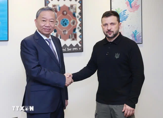 Tổng Bí thư, Chủ tịch nước Tô Lâm gặp Tổng thống Ukraine Volodymyr Zelensky. Ảnh: Lâm Khánh/TTXVN