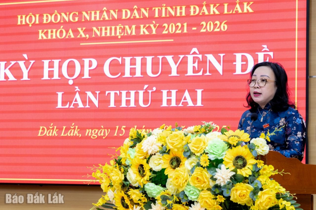 Phó Bí thư Thường trực Tỉnh ủy, Chủ tịch HĐND tỉnh Cao Thị Hòa An phát biểu bế mạc kỳ họp. Ảnh: Hoàng Gia