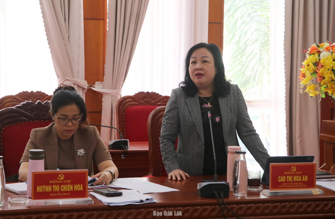 Phó Bí thư Thường trực Tỉnh ủy, Chủ tịch HĐND tỉnh Cao Thị Hòa An phát biểu ý kiến tại hội nghị.