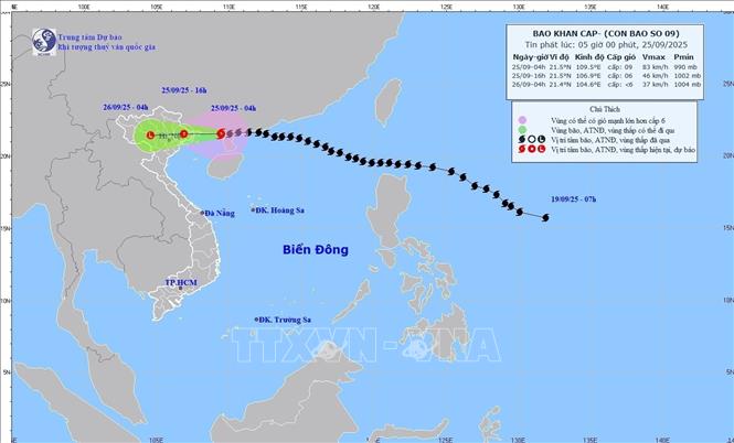 Hướng di chuyển của bão số 9 lúc 6 giờ ngày 25/9/2025. Ảnh: TTXVN phát
