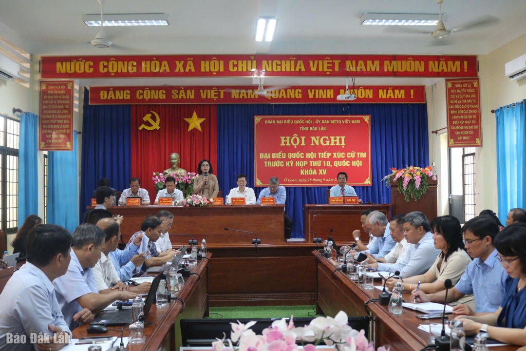 Đồng chí Nguyễn Thị Thu Nguyệt, Tỉnh ủy viên, Phó Trưởng đoàn chuyên trách phụ trách Đoàn ĐBQH tỉnh phát biểu tại hội nghị.